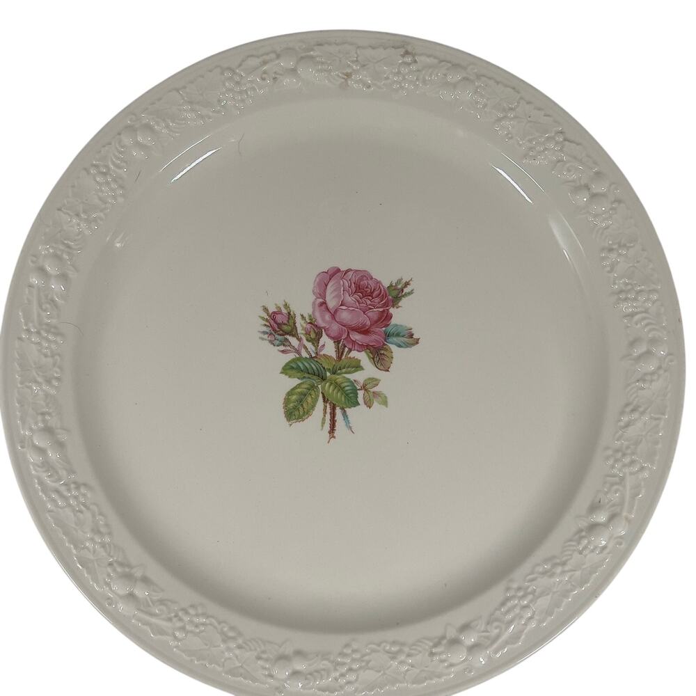 Vintage Homer Laughlin Eggshell Theme Plate Pink Roses Embossed Floral Rim 13,5"